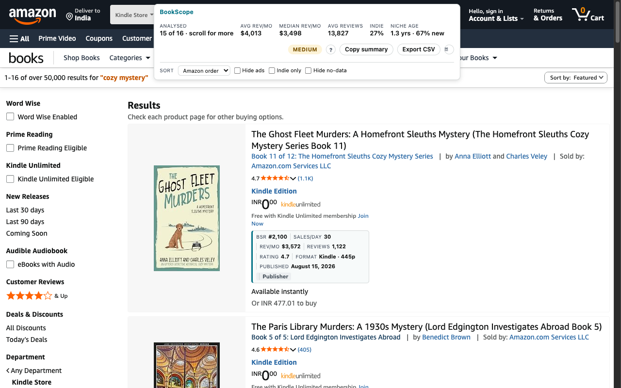 Amazon search results for cozy mystery with BookScope's estimates under each book
