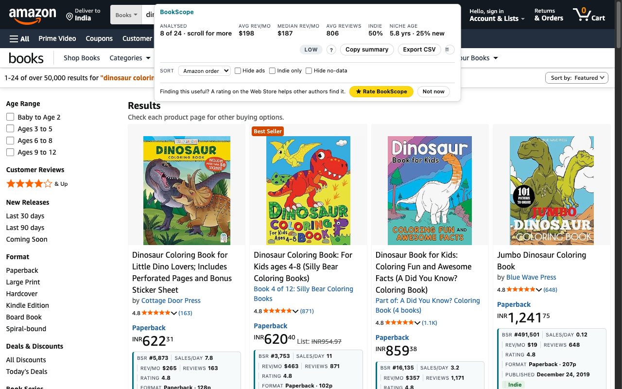 Amazon search results for dinosaur coloring book for kids with BookScope's estimates under each book