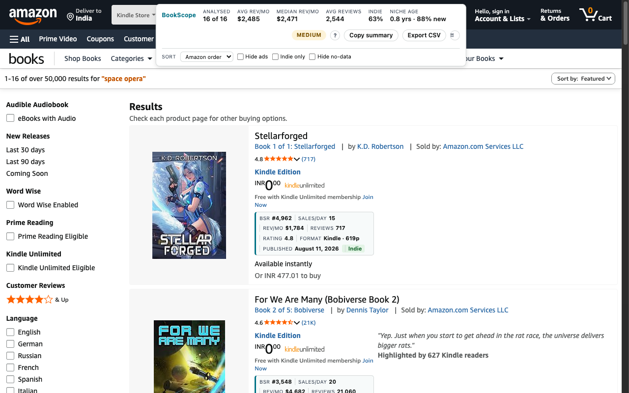 Amazon search results for space opera with BookScope's estimates under each book